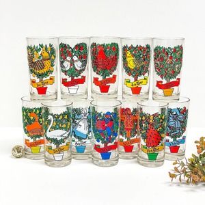 12 Days of Christmas Glasses / Vintage Holiday Drinkware / Christmas Glass Set